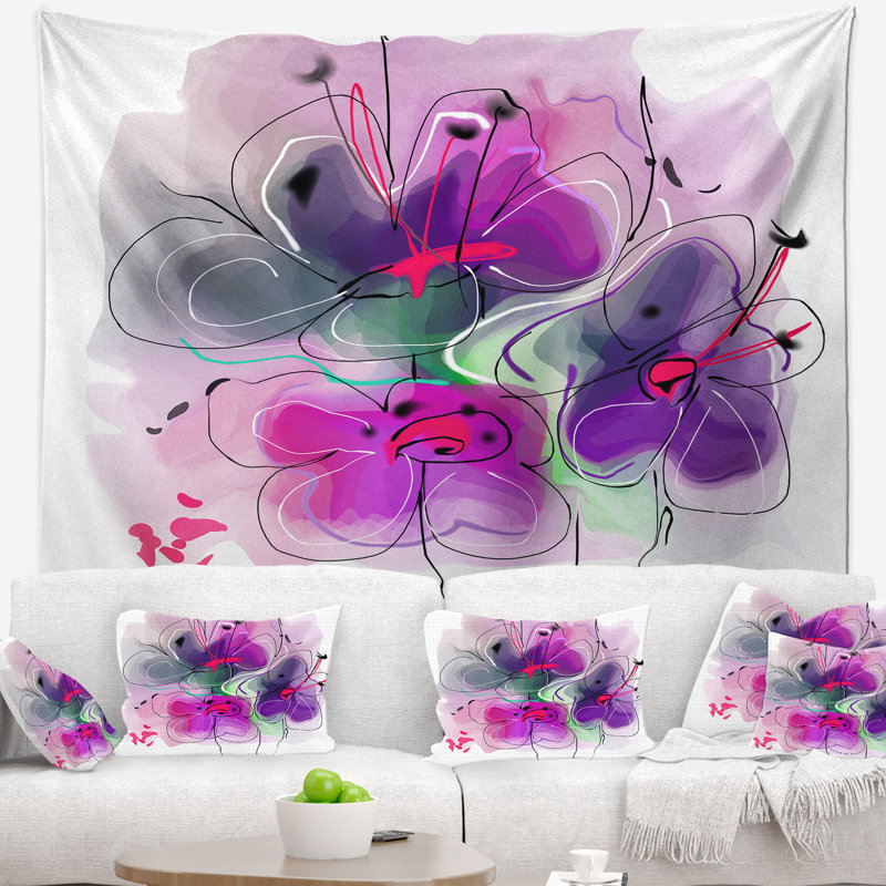 Tapisserie d’esquisse d’illustration floral purple, H 68 po x l 80 po