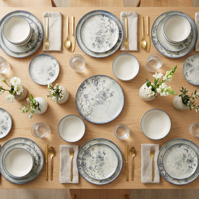 Service de table en porcelaine bleue Artisanal Floral (service de 24 pièces pour 6 personnes)