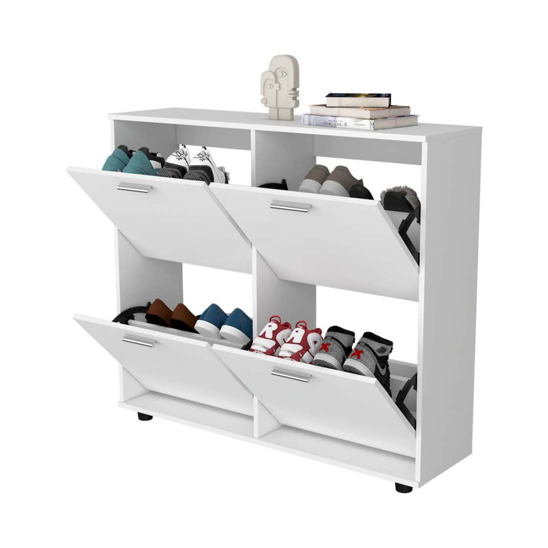 Armoire de rangement blanche à chaussures inclinable avec plusieurs compartiments et design moderne