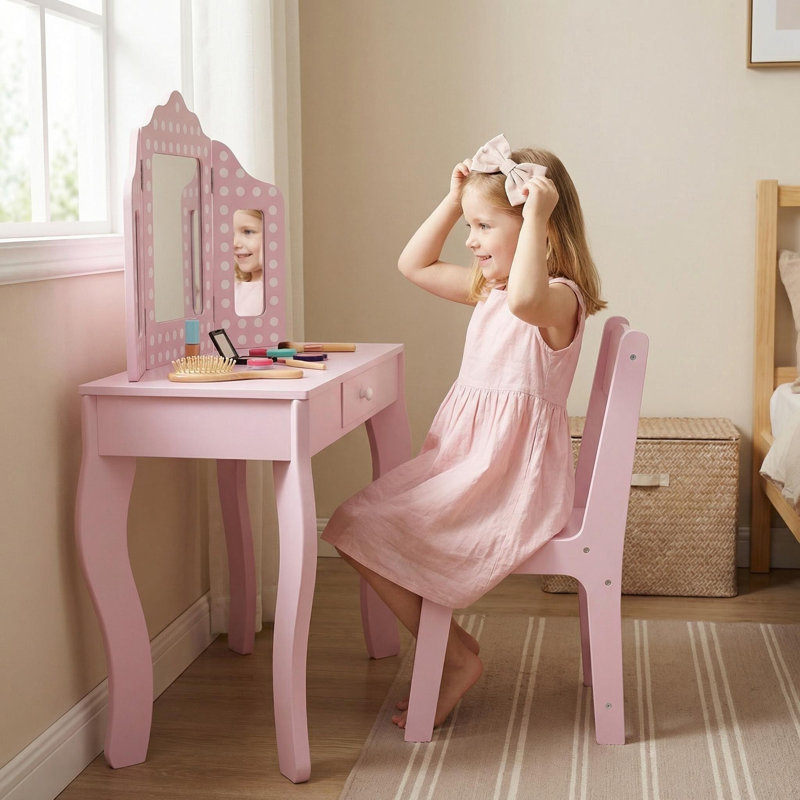 Kids Dressing Table With Stool & Tri-folding Mirror, 2-piece Vanity Set With Drawer For Bedroom & Playroom, Pretend Play Makeup Station For Little Girls, Gift For 3-12 Year Old, Pink