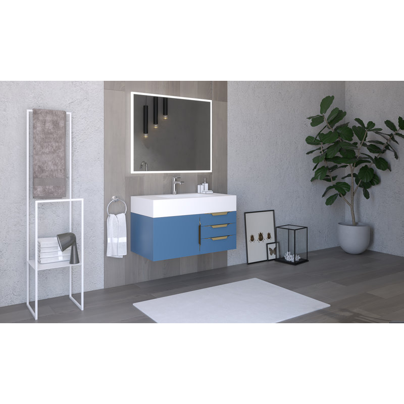 Ensemble de meuble-lavabo simple 36 po avec miroir Modern, Blanc, Blanc, Or