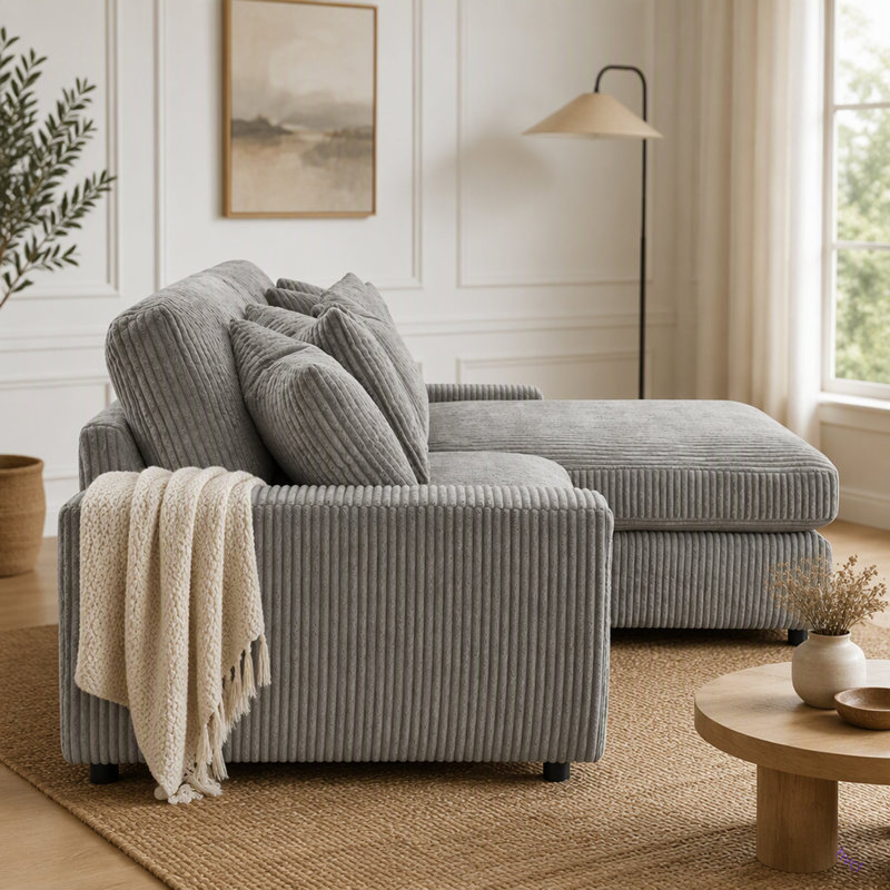 Corduroy Reversible Sectional Sofa W/6 Pillows