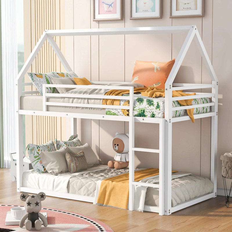 Twin Over Twin House Bunk Bed With Built-In Ladder, White