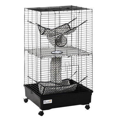 PawHut Ferret Cage, Small Animal Habitat Metal Pet Cage with Wheels Brakes, Hammocks, Hanging Tunnels, and 3 Doors, Black