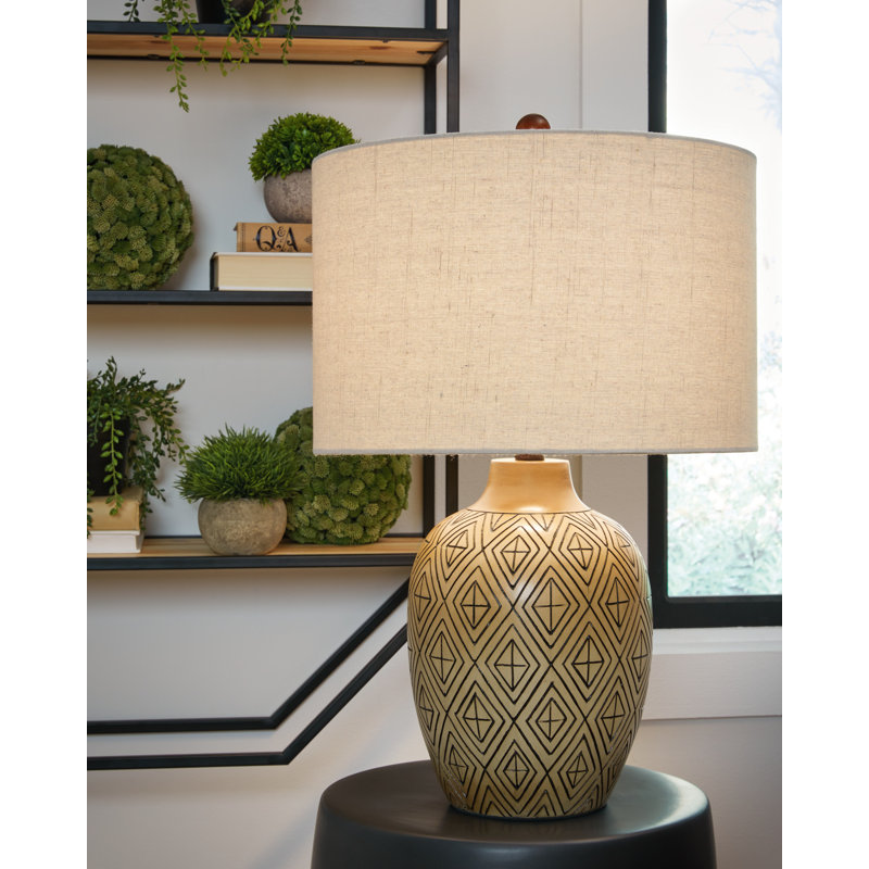 Beige and Black Polyresin Table Lamp Set with Drum Shade