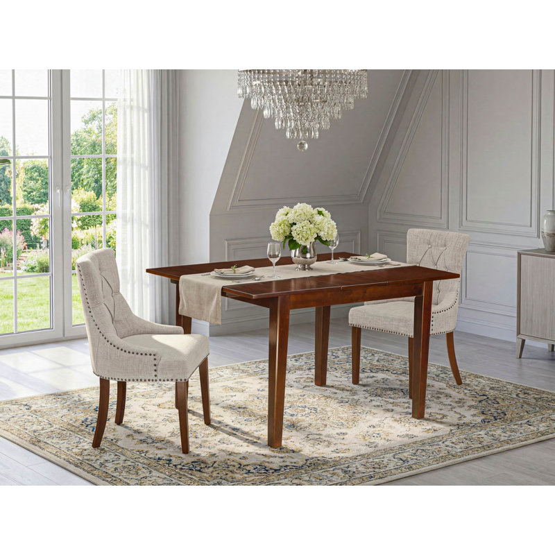 3 Piece Dining Table Set Contains a Rectangle Dining Room Table with Butterfly Leaf and 2 Doeskin Linen Fabric Parsons Chairs, Mahogany