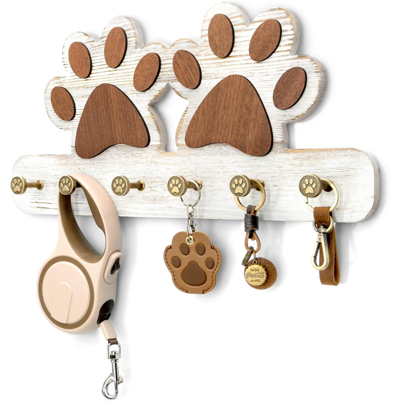 Decorative Dog Leash Hook and Coat Rack Wall Mount with 6 Unique 3D Claw Hooks - White