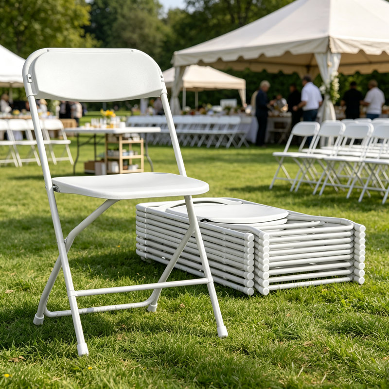 Chaise pliante pour terrasse et jardin, siège en plastique léger et empilable avec structure en tube d'acier, Blanc