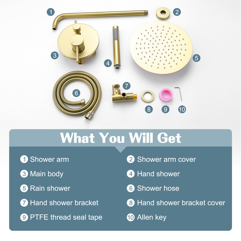 Wall Mounted Complete Shower System with Anti-Scald Pressure Balance Valve, Brushed Gold