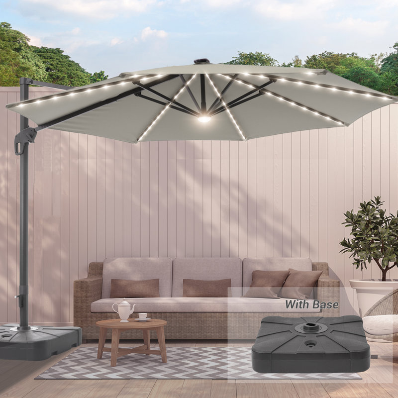 Parasol en porte-à-faux illuminé avec base Jamestown, Gris