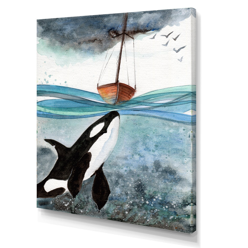 Orque dans la mer bleue - Peinture sur toile, H 32 po x l 16 po x P 1 po, Toile tendue