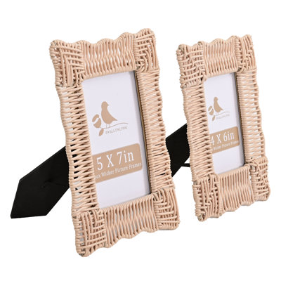 Boho Farmhouse Faux Wicker Picture Frames Set Of 2-5x7 & 4x6 Rustic Rattan Style Photo Display For Tabletop Decor, Vintage Woven Plastic Frame For Home, Office, Gifts, White Wash