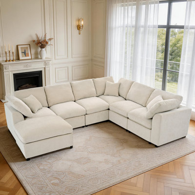 125" Modular Sectional Corner Sofa Large Chenille 7 Seater Deep Seat Couch With Cloud Ottoman & Pillows