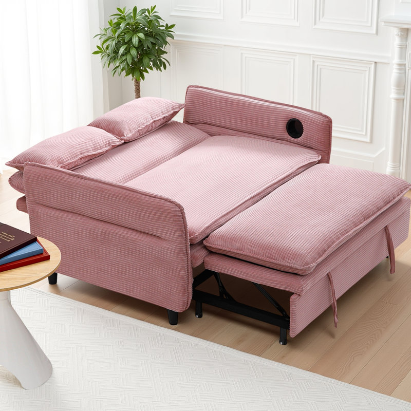 Multi-Functional 65.7" Adjustable Sofa Bed with Pull-Out Sleeper, 2 Soft Pillows and 2 Cup Holders, Pink