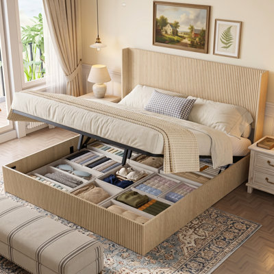 Très grand lit plateforme moderne en bois d'ingénierie avec rangement pneumatique et texture cannelée