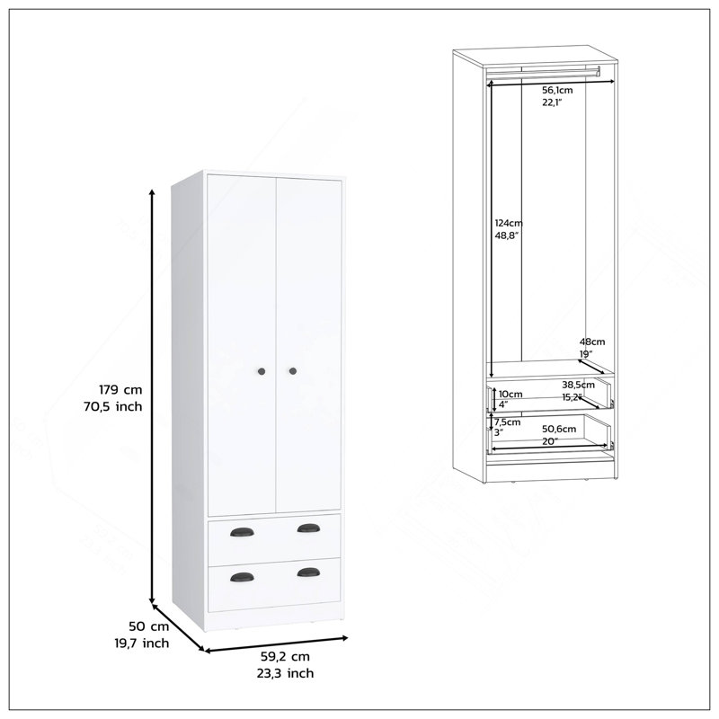 Armoire H 70 po avec 2 tiroirs et 2 portes, blanc