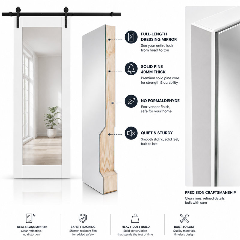 Porte de grange robuste Lucia 1299 Blanc Soie, rail de 2 m (6,6 pi), quincaillerie lourde, portes intérieures modernes à panneaux pleins - 45,7 cm x 213,4 cm (18 po x 84 po) - Miroir - Rail noir