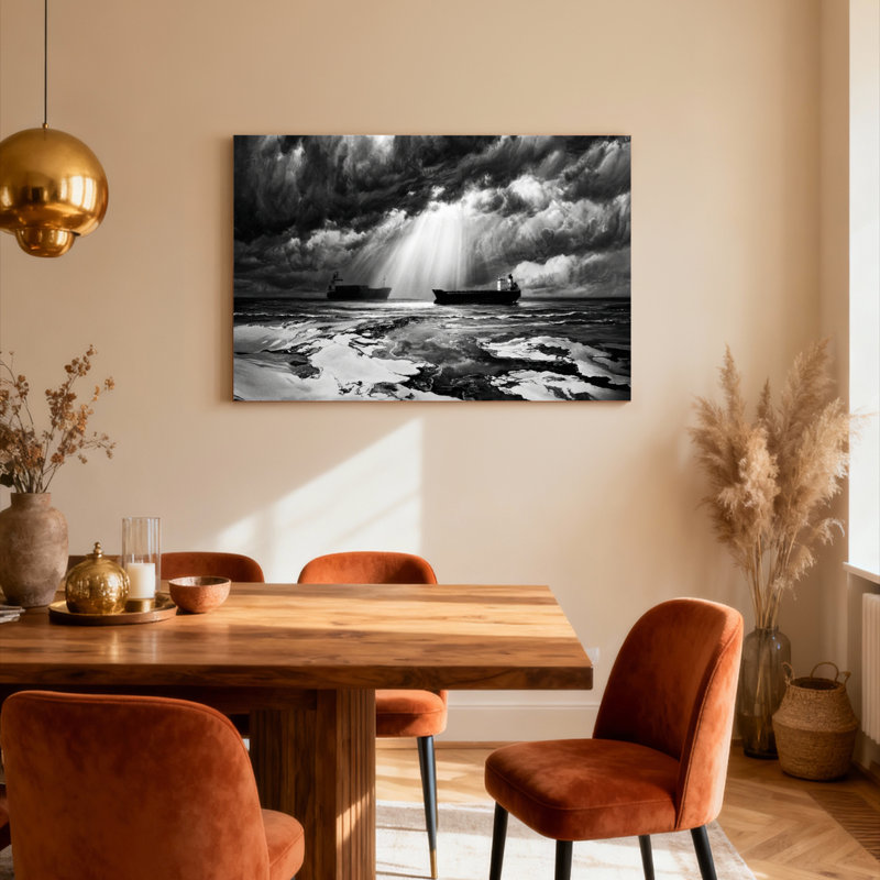 Ensemble de 1 tableau sur toile tendue représentant un navire en mer, des nuages ​​d'orage et des couleurs noir et blanc
