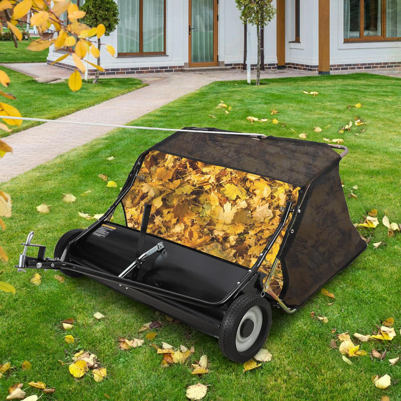 Tow Behind Lawn Sweeper, 42" Pull Behind Lawn Sweeper, Large Capacity Leaf & Grass Collector With Adjustable Sweeping Height And Dumping Rope Design For Picking Up Grass And Debris