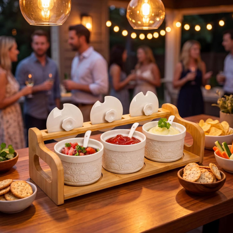 Bols à sauce en céramique 5 oz avec couvercles de cuillères, 3 bocaux à condiments avec plateau en bambou