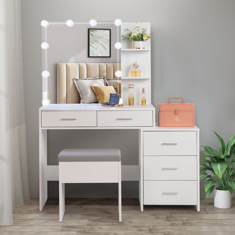 Calletano 44.3"Wide Makeup Vanity Set with Mirror Cabinet, Stool,5 Drawers, White