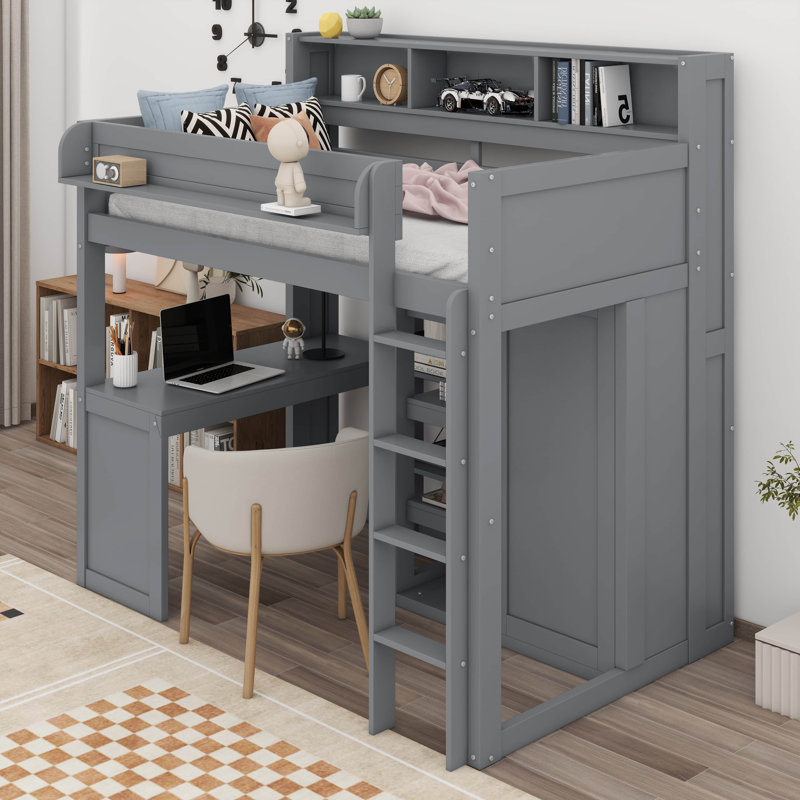 Lit mezzanine simple avec tablettes et garde-robe, Gris