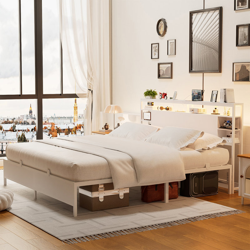 Bed Frame With Charging Station And RGB LED Lights, Headboard With Storage No Box Spring Needed, King, Gray