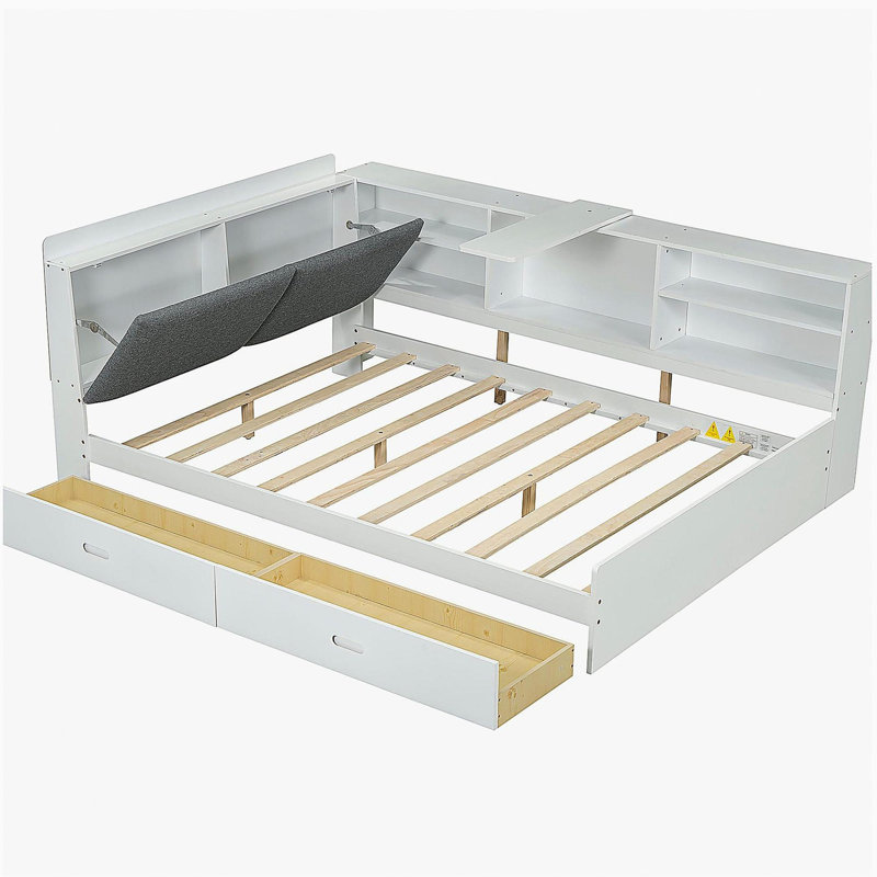 Lit plateforme double en bois avec tête de lit, tablettes et 2 tiroirs, Blanc