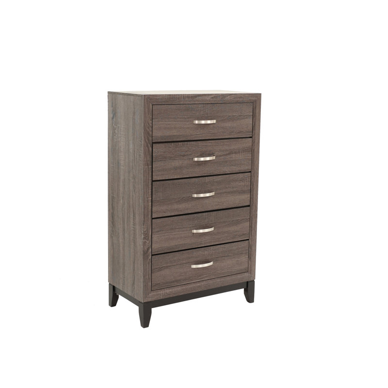 Ensemble de meubles de chambre à coucher élégants avec finition en chêne gris rustique et cinq tiroirs pour un grand rangement