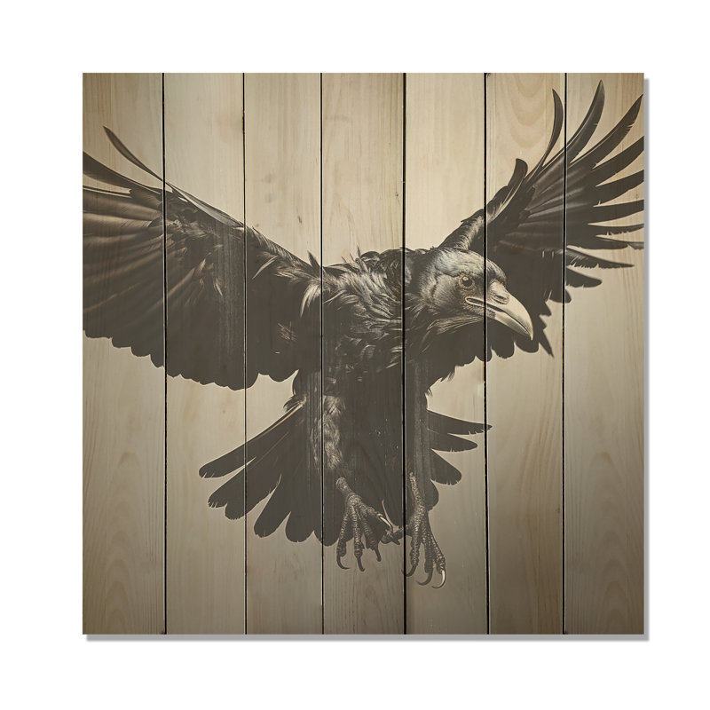 Impression d'un corbeau gris et noir en vol II - animal corbeau sur bois, H 36 po x l 36 po