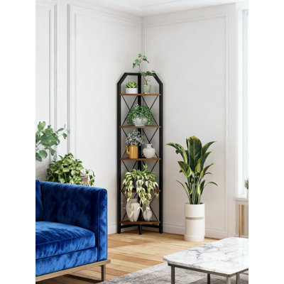 5-Tier Corner Bookshelf, Industrial Style Storage Shelf With 5 Spacious Tiers, Fan-Shaped Design For Maximizing Corner Space In Living Room, Bedroom, Home Office