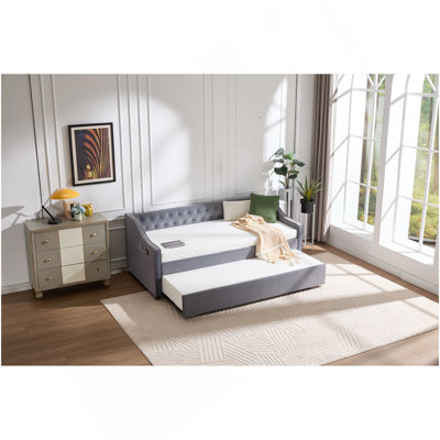 Twin Size Upholstered Daybed With Trundle,USB Port ,Side Pockets,Velvet Daybed With Button On Back And Piping On Waved Shape Arms For Bedroom Guest Room