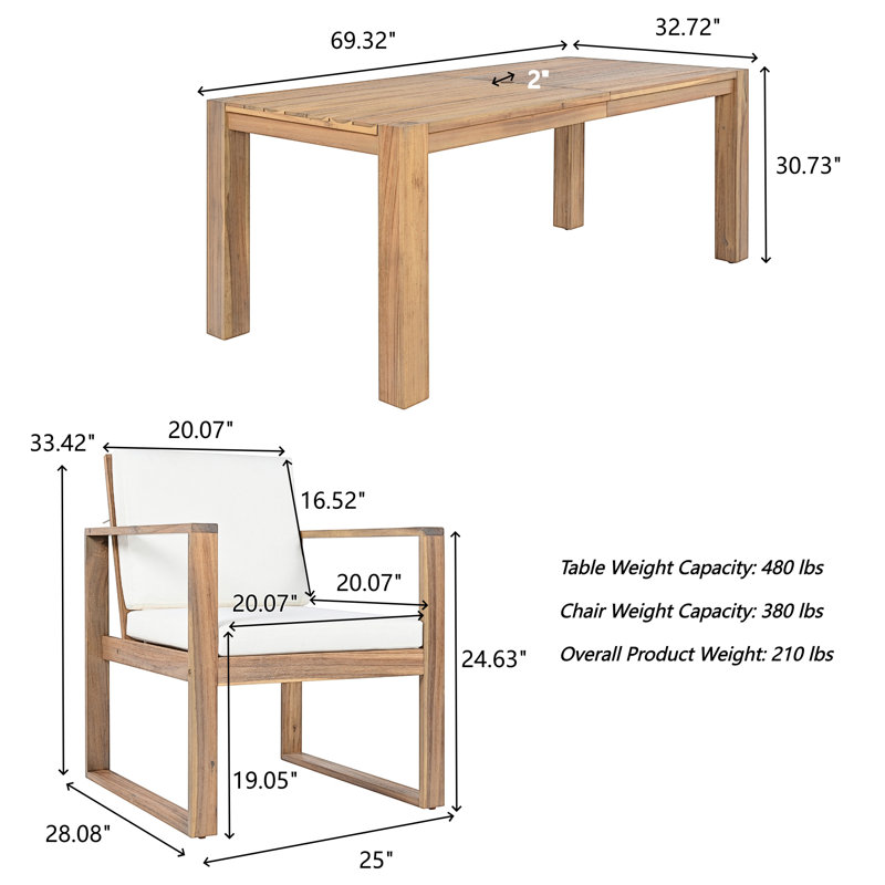 7 - Piece Patio Dining Set, Solid Acacia Wood, with Umbrella Hole and Removable Cushions, for 6 person, Dining Table and Armchairs, Outdoor Use