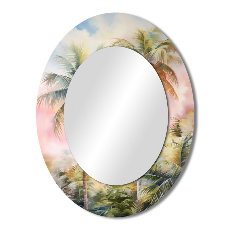 Palmier romantique Sunset III - Miroir décoratif floral ovale sur métal, 43 po x 33 po