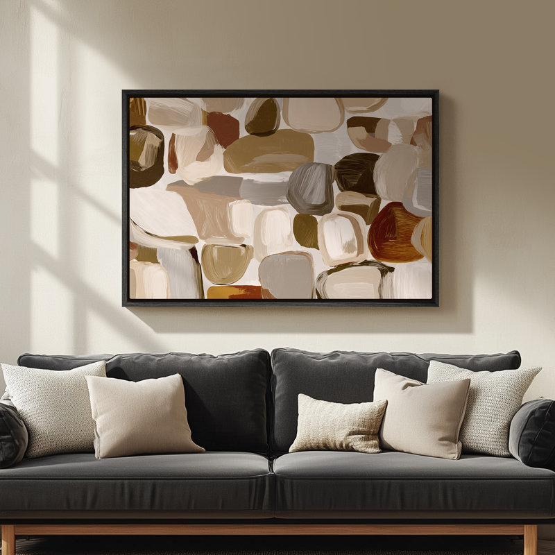 Art mural encadré - Formes de galets abstraits neutres en beige et brun - 16 po x 24 po, 24 po x 36 po, 24" H x 36" W, Black