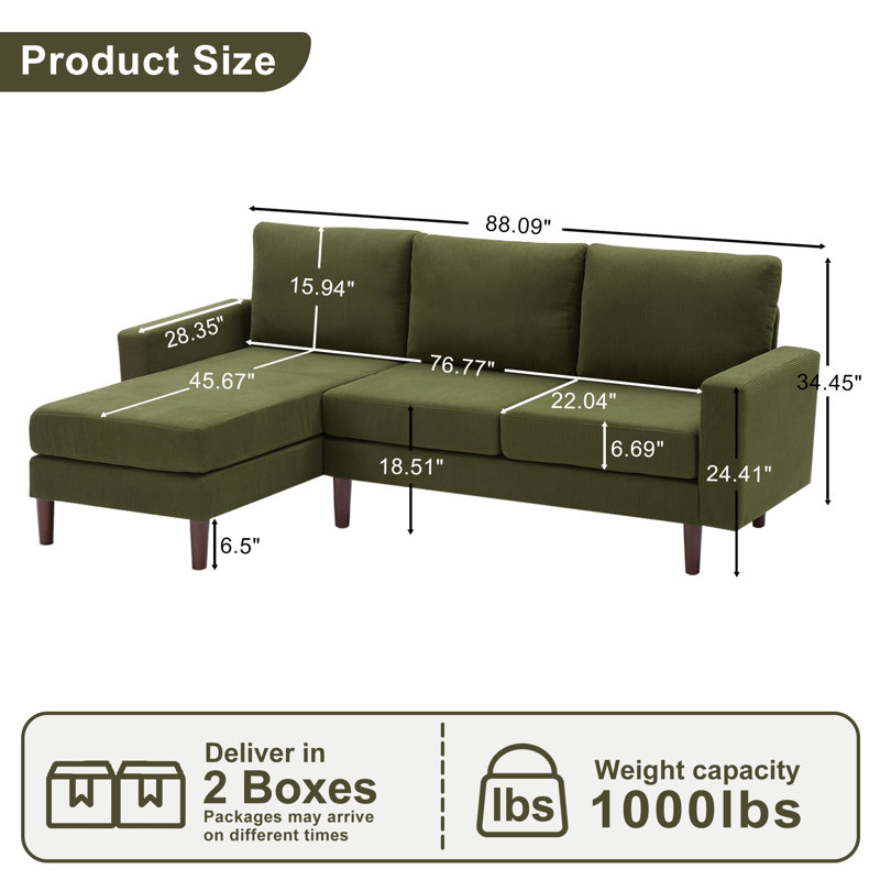 Canapé modulaire en L 88,09 po en L , Velours côtelé vert