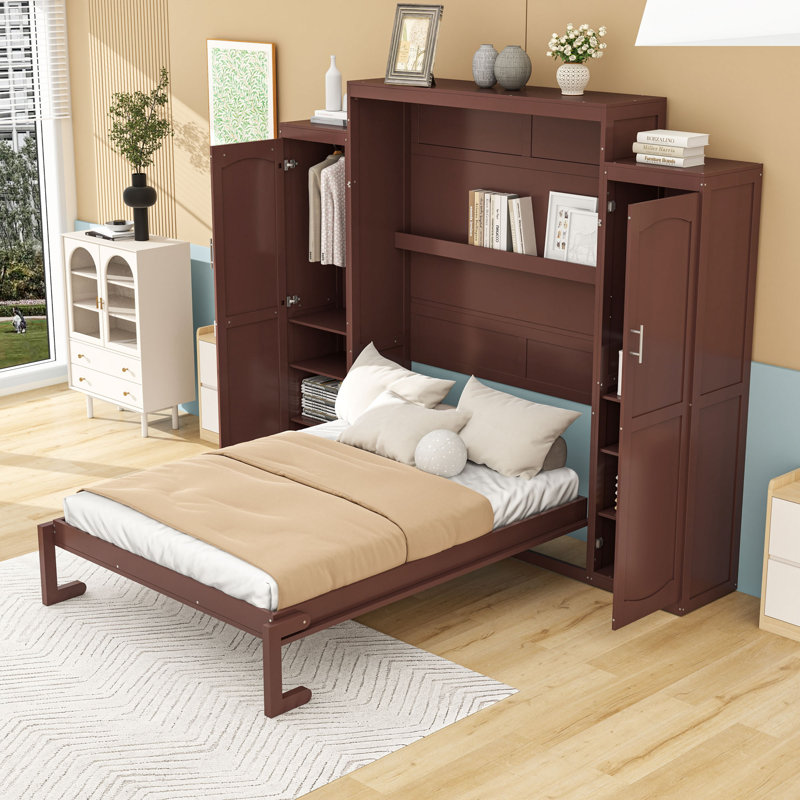 Wooden Murphy Bed with Shelves and Wardrobes, Walnut, Queen