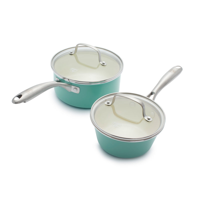Ensemble de casseroles en céramique antiadhésive GreenLife Artisan, 1L et 2L, poignée en acier inoxydable, Turquoise
