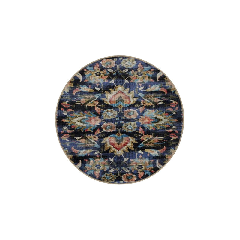 Black Blue Tone Floral Knotted Woven Base Washable Carpet, Rectangle 5' x 9'11"