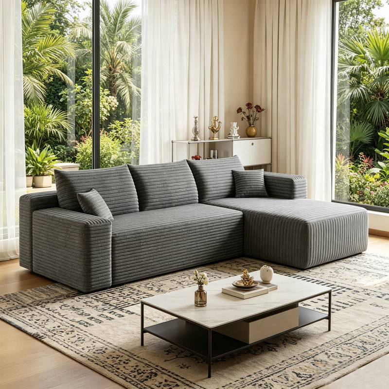 95" Modern Minimalist L‑Shaped Cloud Sectional Sofa, Plush Striped Corduroy Upholstered Corner Couch with Spring‑Pack Cushion, No Assembly Required,Gery