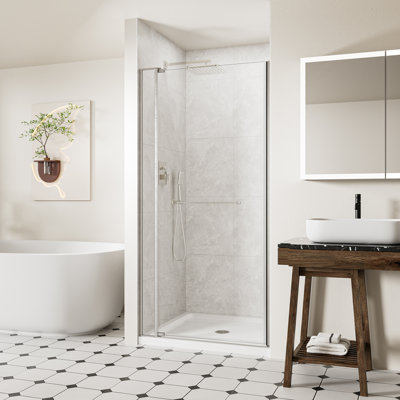 32-36" W x 72" H Frameless Pivot Shower Door, 1/4" (6mm) & 5/16" (8mm) Tempered Glass, Swing Shower Door with Towel Bar & 105° Anti-Collision Stop, Chrome Finish, Reversible Installation