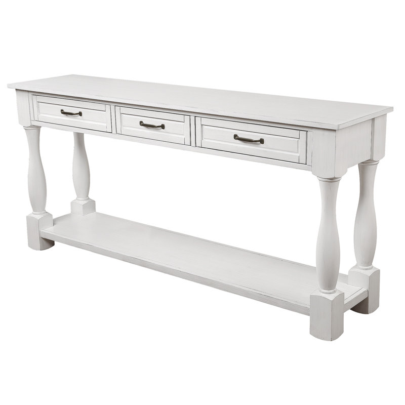 White Solid Wood Console Table with Storage Drawers and Shelf