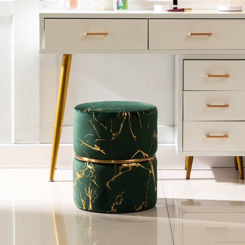 Samantha 14'' Wide Round Velvet Ottoman with Gold Marbling and Metal Accent, Dark Green Velvet