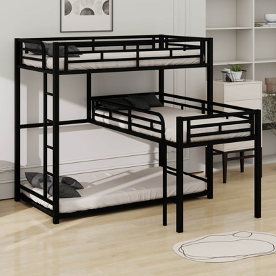 Twin Size L-Shaped Metal Triple Bunk Bed With Ladder And Full-Length Guardrail