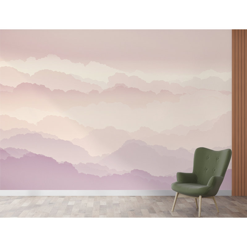 Papier peint aquarelle Ethereal Cloud - Design panoramique luxueux ciel pastel en rosé, champagne et lavande, Non tissé
