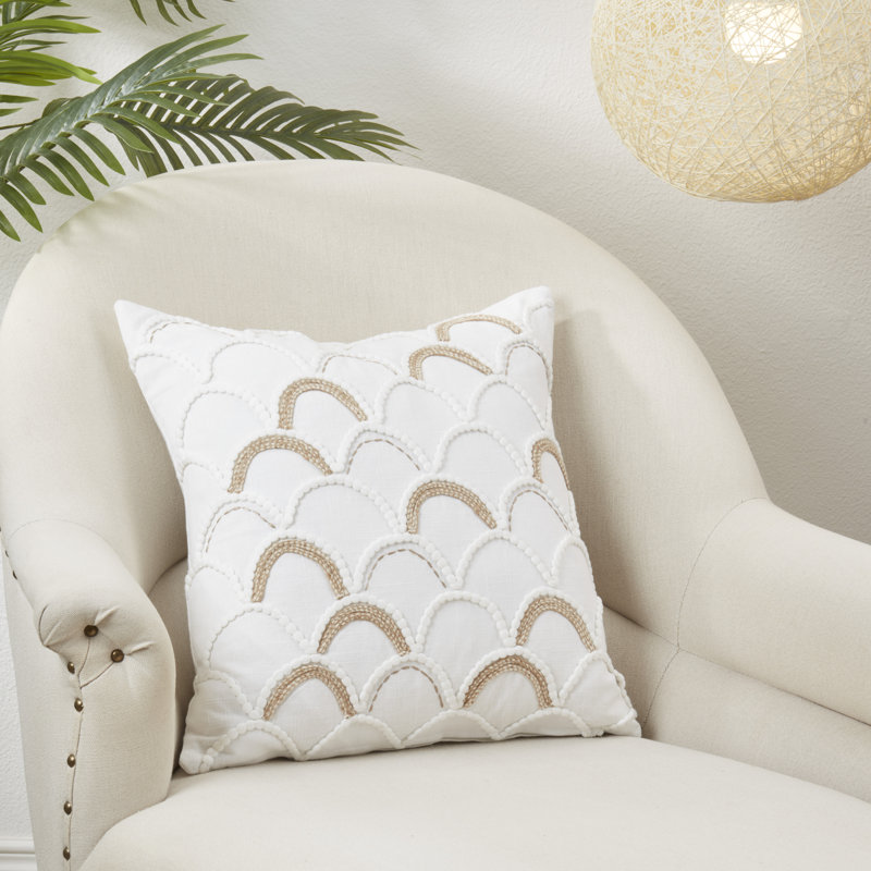 Off-White Cotton Scallop Design 18" Square Throw Pillow