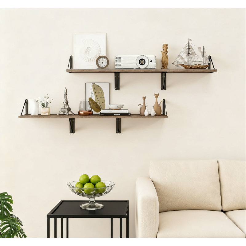 Deep Floating Shelves Set Of 3, 12 Inch Wide Wood Wall Shelves With Metal Bracket For Living Room, Kitchen, Office, Bedroom Storage And Display