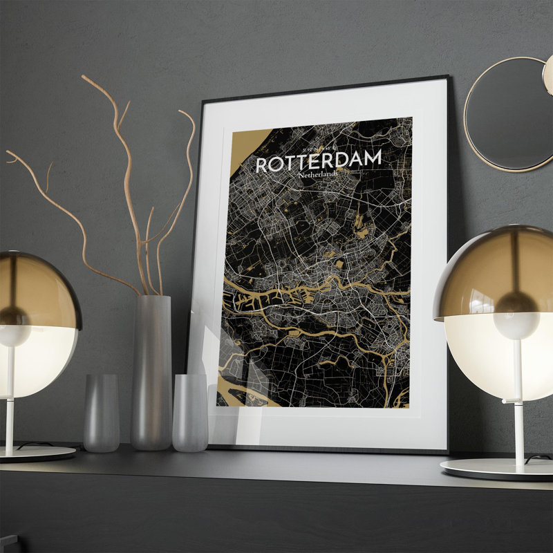 «Rotterdam City Map», impression, H 17 po x l 11 po, Noir / or