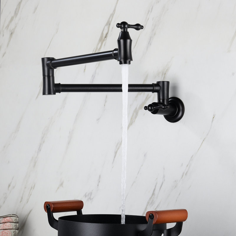 Wall Mount Pot Filler Faucet Matte Black, Foldable For Space Saving, 360 Rotatable, High-Durability Brass, Corrosion Finish, Double Handles Mounted Folding Design, Rotation, Brass Build, Treatment,