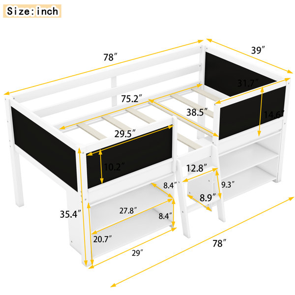 Latitude Run® Grey Twin Size Low Loft Bed With 2 Movable Shelves, And ...